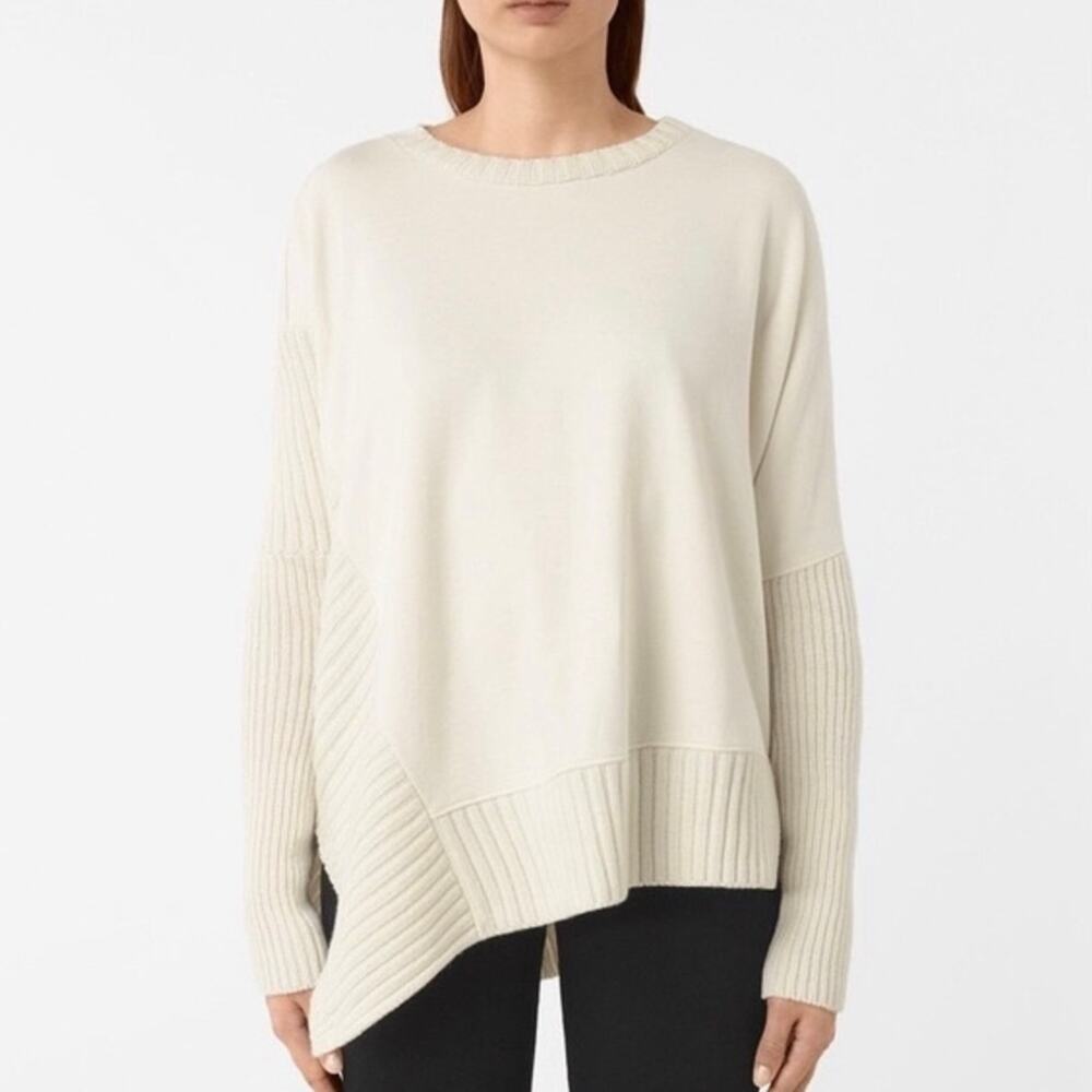 All Saints Nia Drape Oversize Asymmetrical Sweater in Cream Women's Size XS